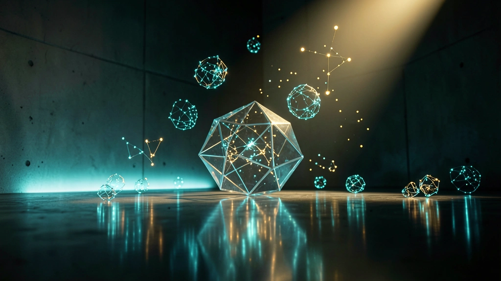 ** Abstract glowing data points transforming into a crystalline geometric structure symbolizing training assessment ROI analytics