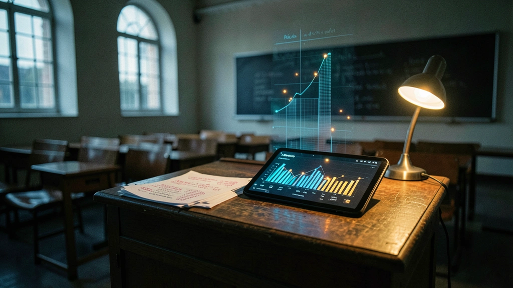 AI quiz analytics holographic dashboard on lecture hall lectern with handwritten assessment papers