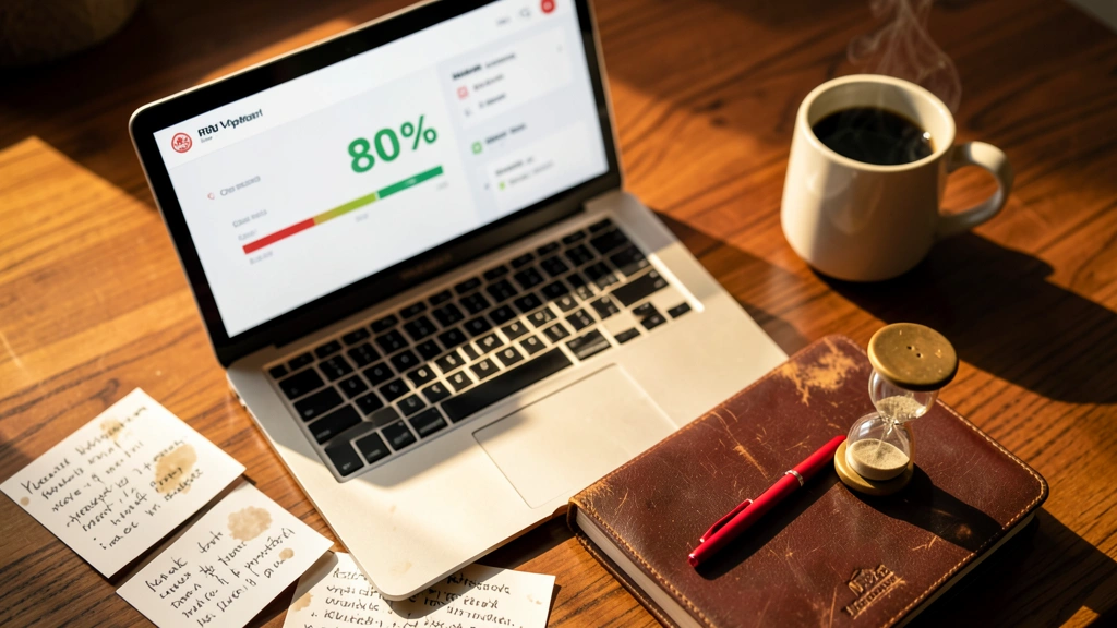 AI quiz builder teacher desk flat lay with laptop showing automated quiz generation progress and hourglass time savings metaphor