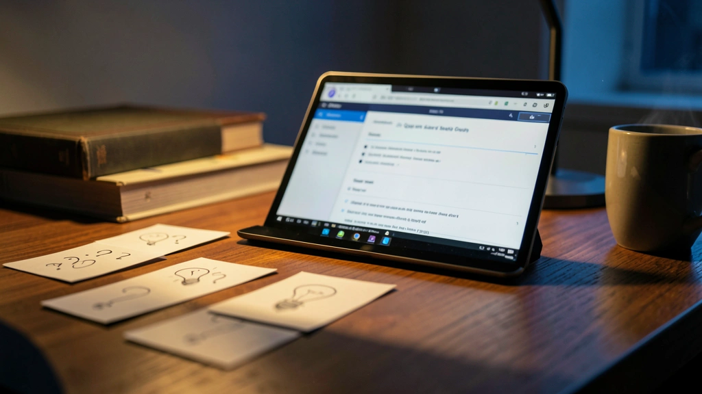 AI quiz maker for students displayed on tablet beside handwritten quiz cards on a study desk