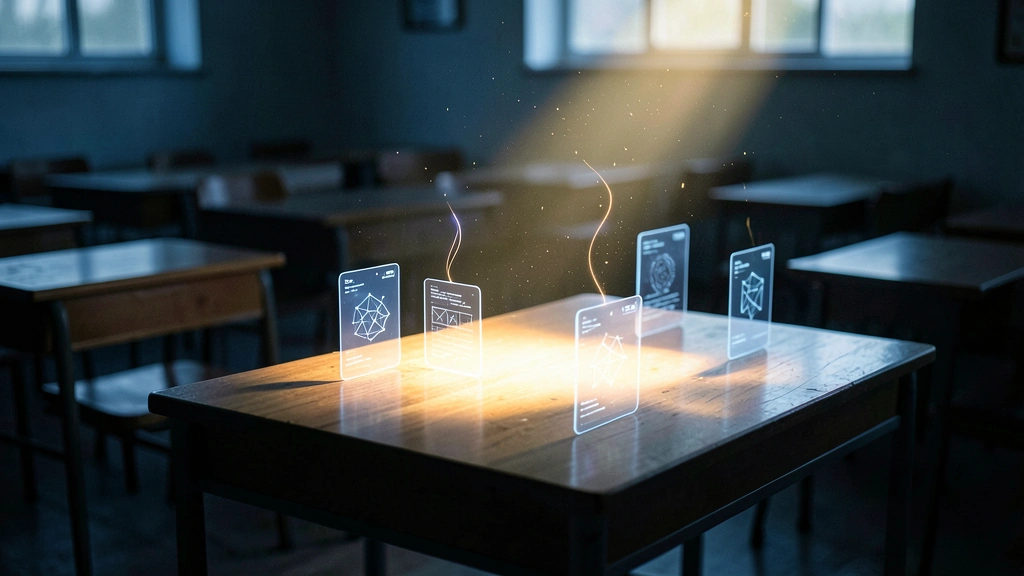 Anonymous AI quiz interface glowing on empty classroom desk with quiet students in shadowed rows
