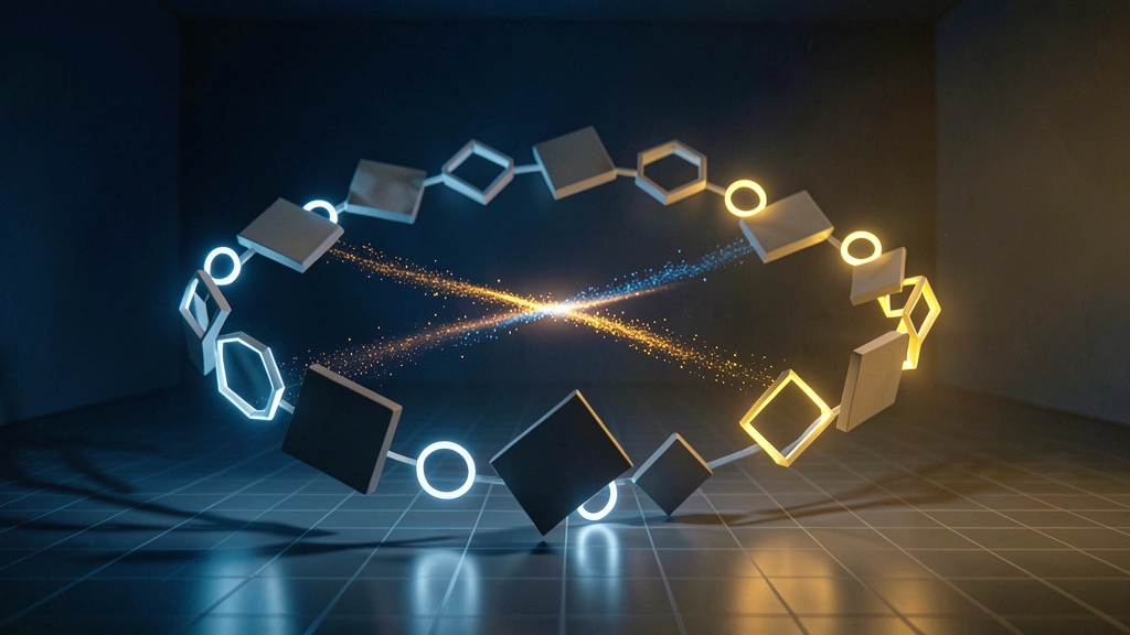** Abstract glowing circular learning loop structure with geometric quiz elements and flowing golden data stream