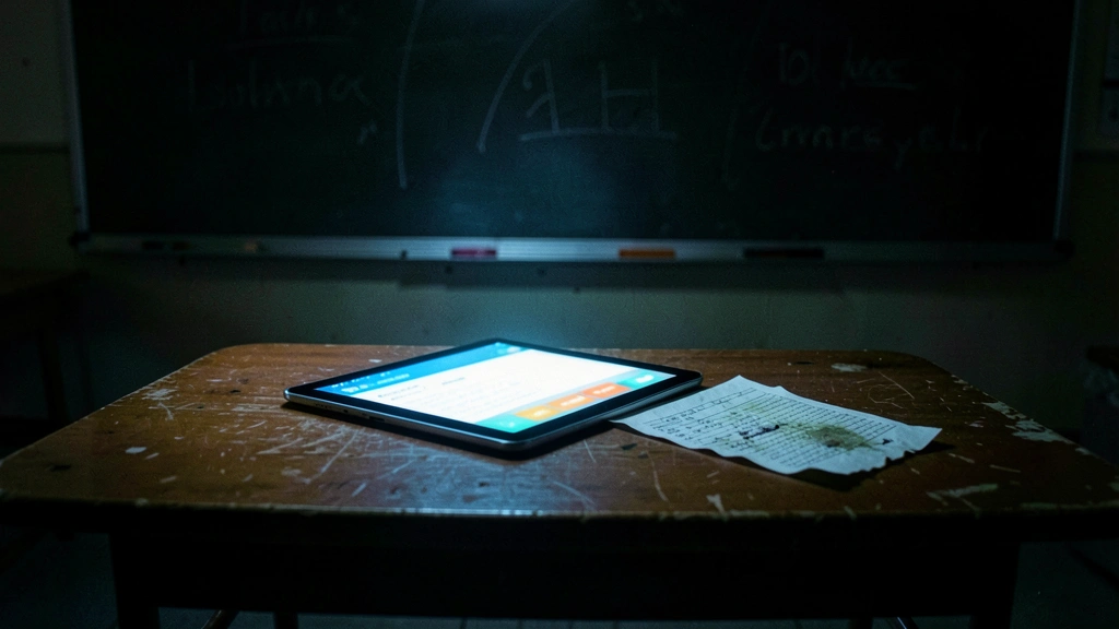 Tablet displaying quiz on desk beside crumpled paper quiz in dark classroom, illustrating online vs in-class performance gap.