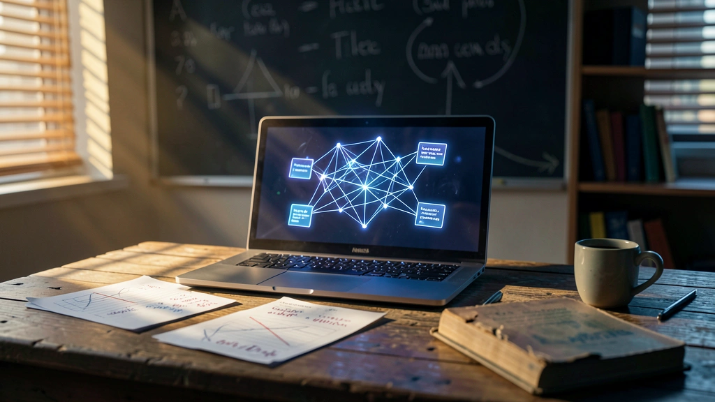 Holographic AI quiz interface glowing above classroom laptop with handwritten papers and textbook